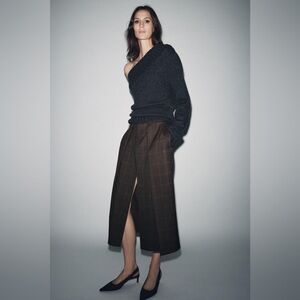 ZARA Plaid Pleated Midi Skirt Sz Medium Brown NEW